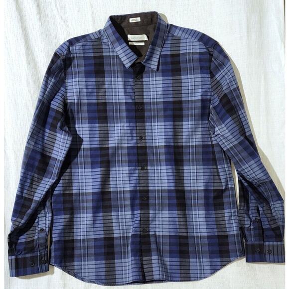 Calvin Klein L Button Down Shirt Men's XL Slim Fit Blue Plaid Long‎ Sleeve - Picture 1 of 9